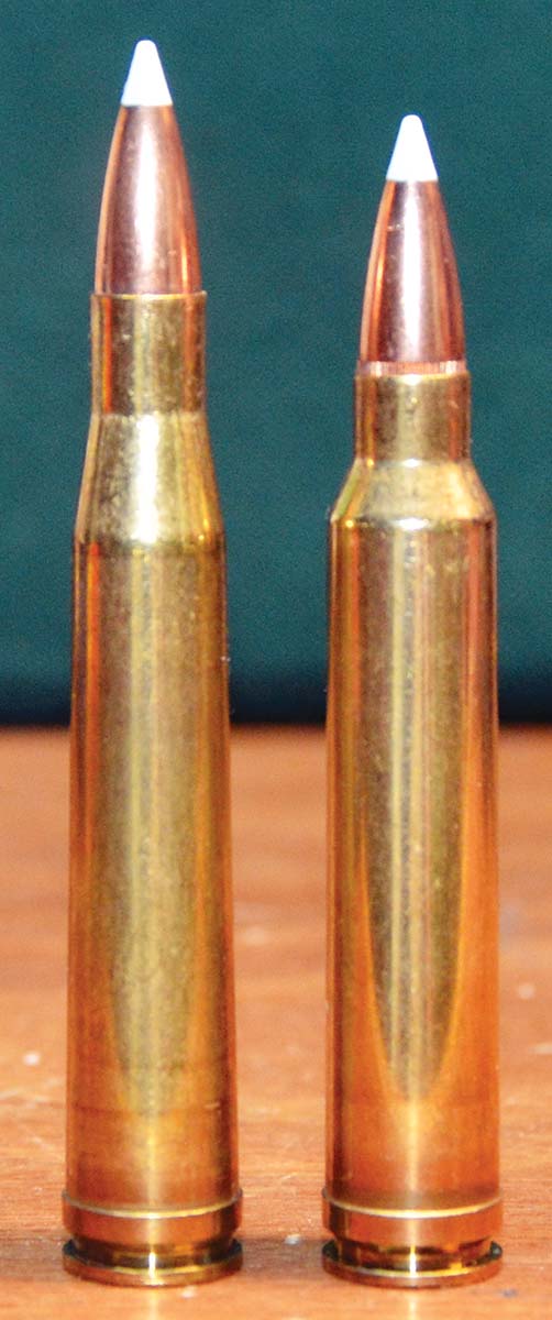 The Nosler Reloading Guide has net water capacities of various cartridges with bullets of various weights seated, including the 300 H&H (left). The largest difference in favor of the 300 Winchester Magnum (right) was 3.6 grains for the 180-grain bullets, and the smallest difference was 0.4 grains for 200-grain bullets. For cases of that size, such minor differences in capacity have an insignificant bearing on velocity.
